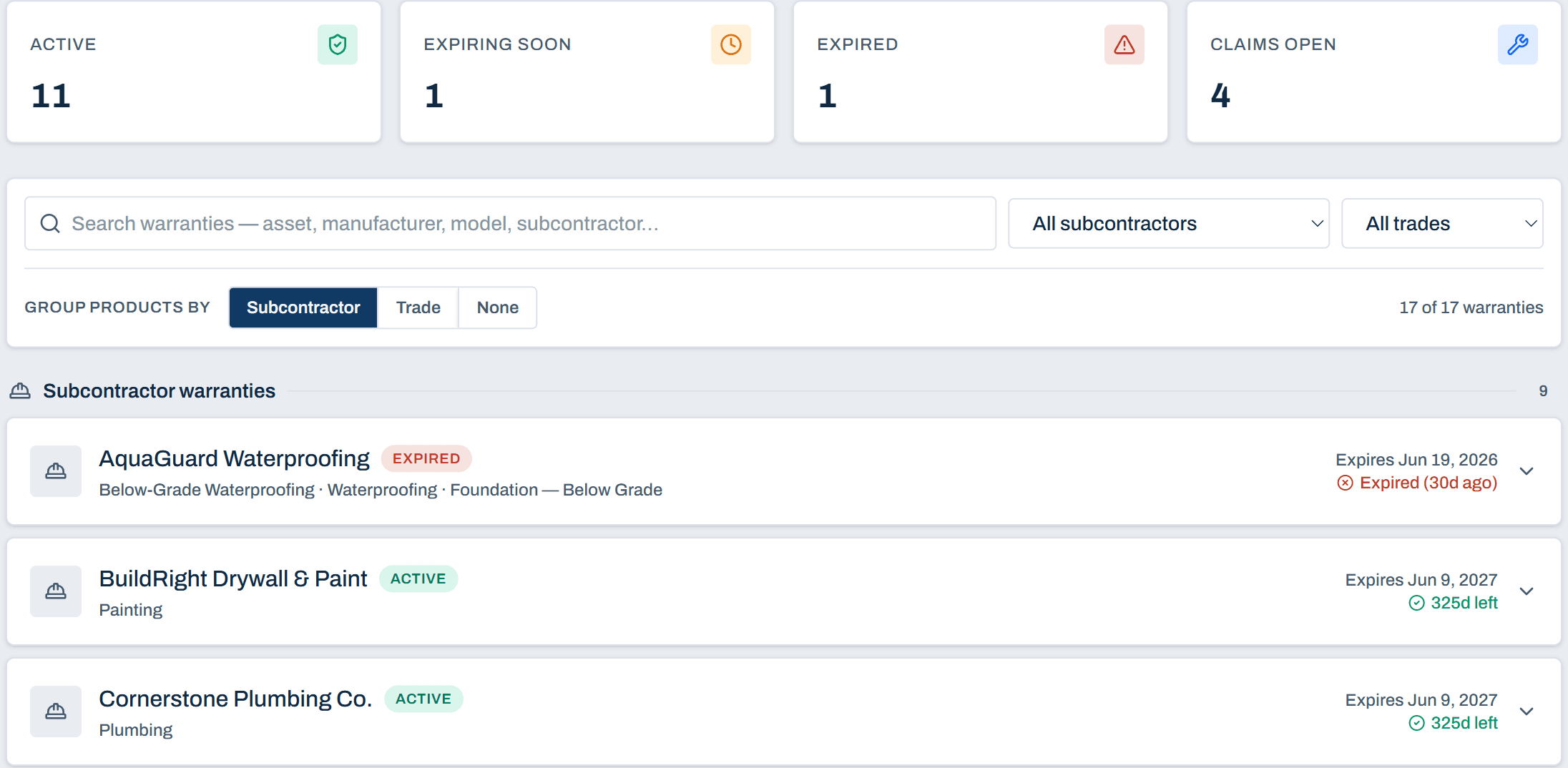 The owner warranty tracker in Closeout Compass: active, expiring, expired, and open-claim counts, then search and filter controls above each warranty with its responsible subcontractor, trade, and expiration countdown