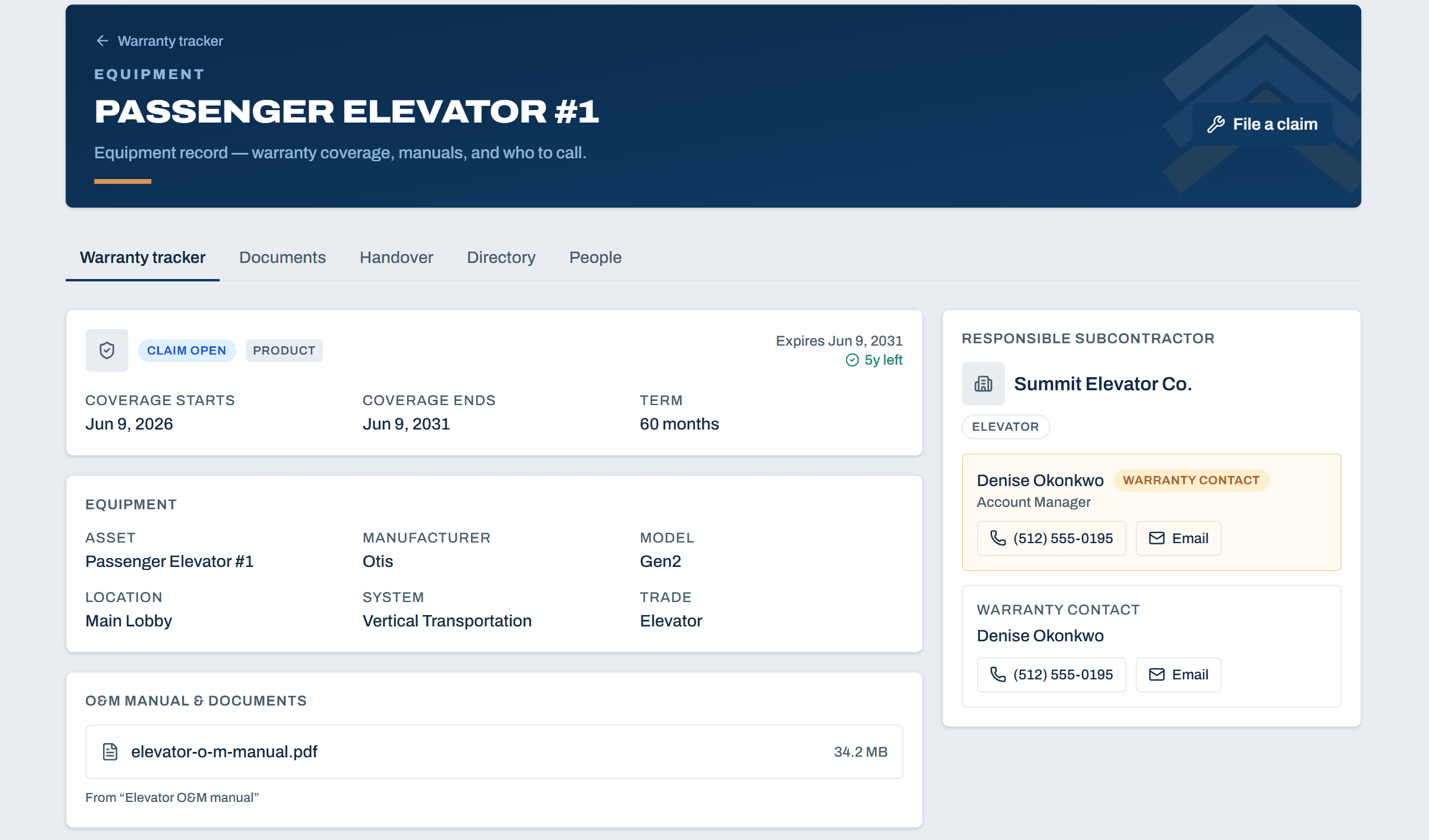The equipment page for a passenger elevator in Closeout Compass: coverage start, end, and term beside the asset's manufacturer, model, location, system, and trade, the linked O&M manual as a downloadable file, and the responsible subcontractor with a named warranty contact reachable by phone or email in the sidebar, and File a claim in the header