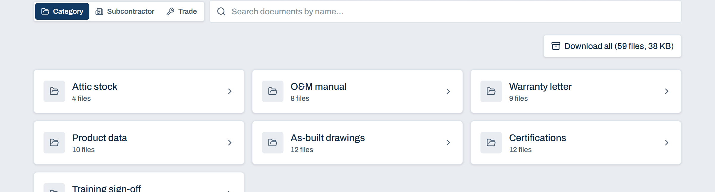 Owner closeout documents in Closeout Compass, browsable by category, subcontractor, or trade; each group opens its files to view or download