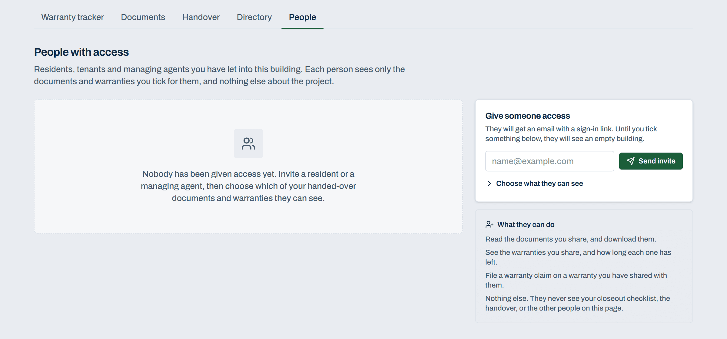 The People with access screen in Closeout Compass: an invite box that emails a sign-in link, a Choose what they can see control, and a panel spelling out what an invited person can do: read and download the documents you share, see the warranties you share and how long each has left, file a claim on those warranties, and nothing else