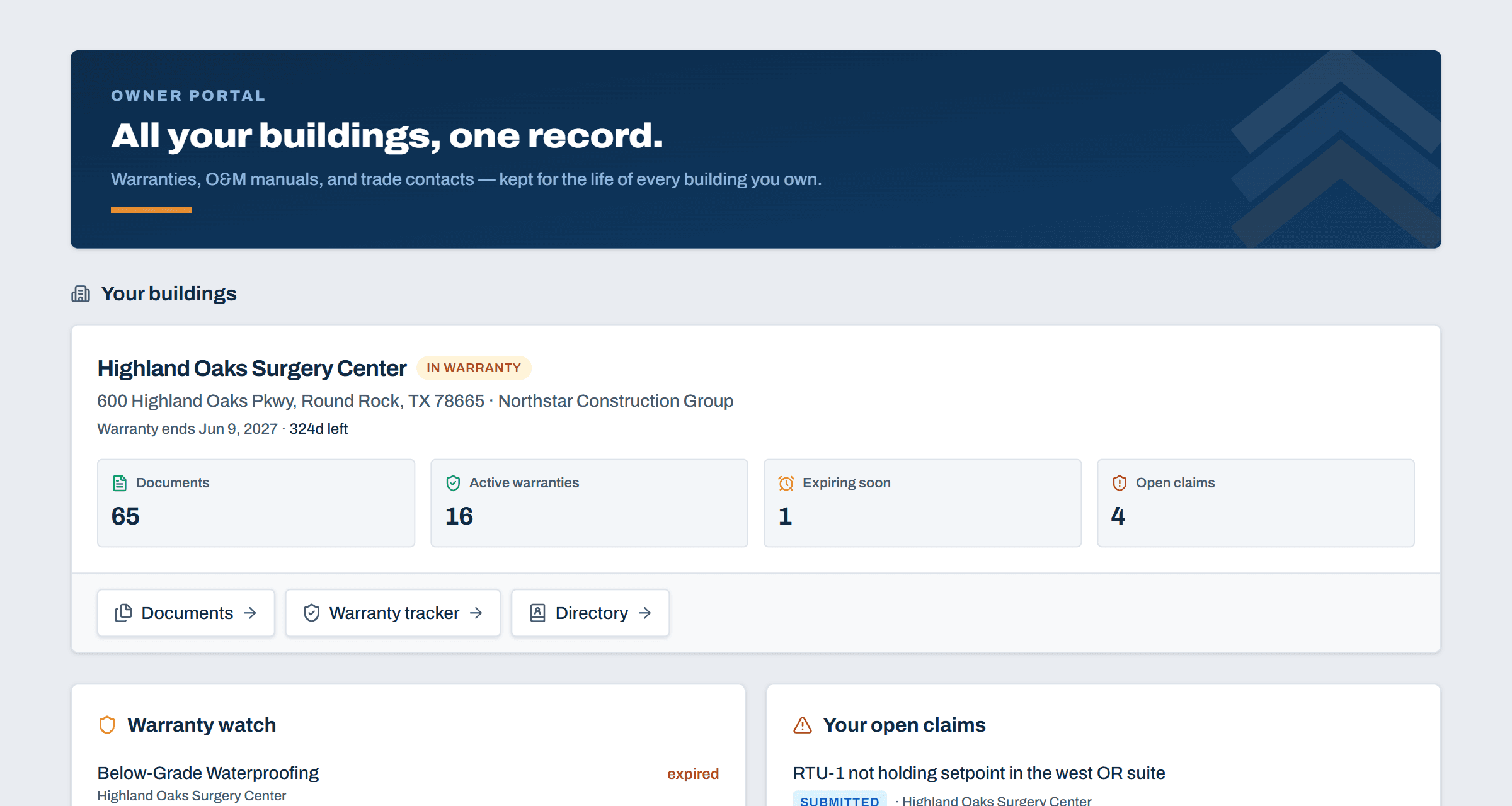 The owner portal dashboard in Closeout Compass: buildings, warranties expiring soon, open claims, and documents on file at a glance, above a warranty watch with live expiration countdowns and the owner's open claims with status
