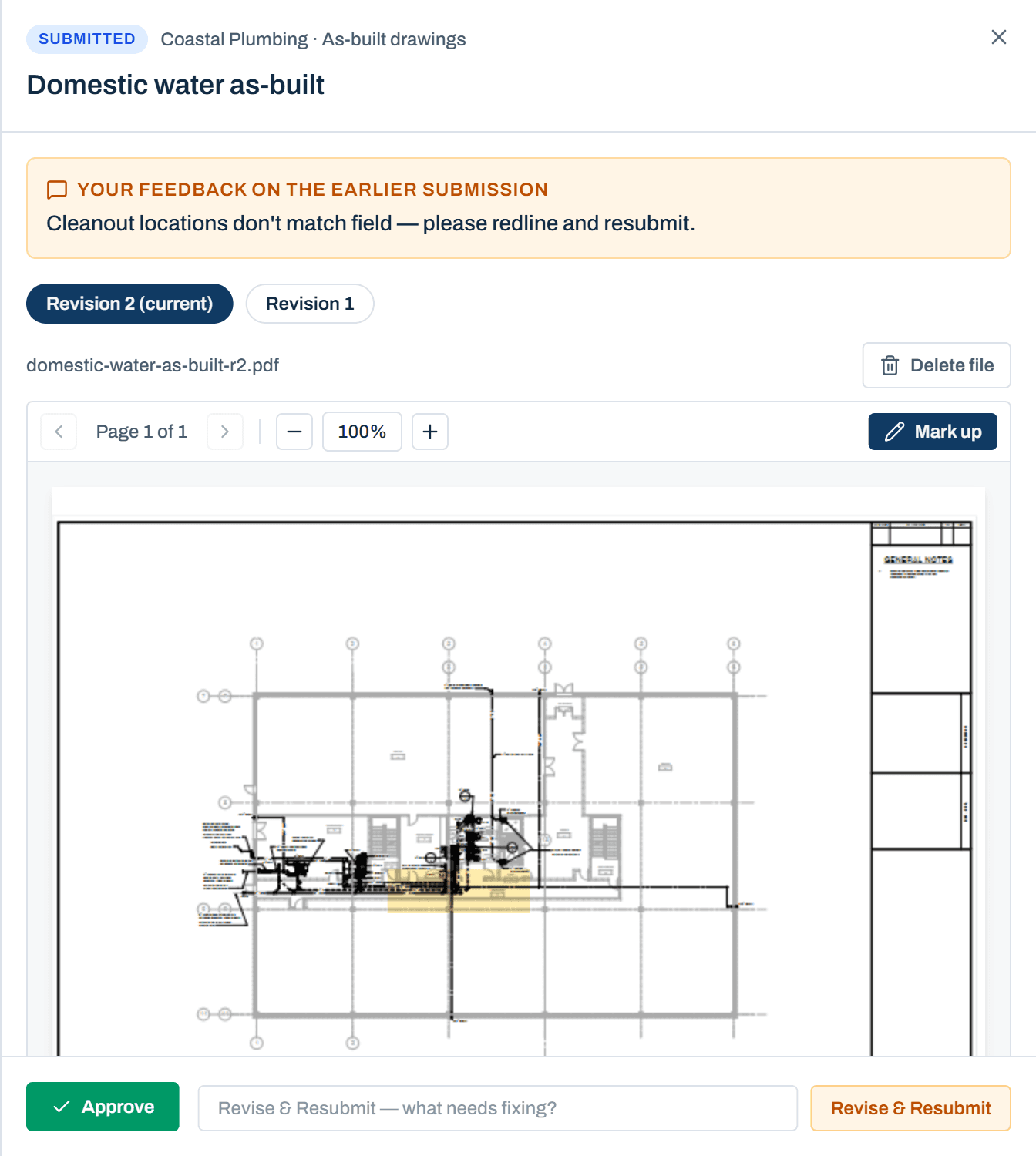 The Closeout Compass review sheet: a submitted as-built PDF open inline with Revision 1 and Revision 2 tabs, the General Contractor's change-request note, a highlight markup on the drawing, and Approve or Revise & Resubmit actions