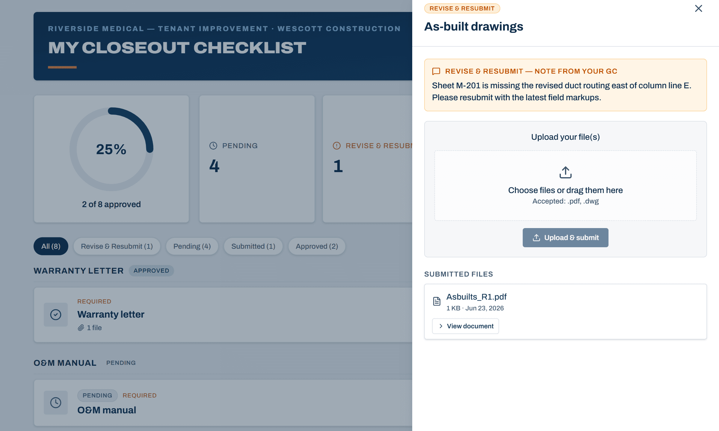 The Subcontractor checklist in Closeout Compass with an item drawer open: the General Contractor's change-request note sits directly above the upload box, beside the grouped list of documents the Subcontractor owes