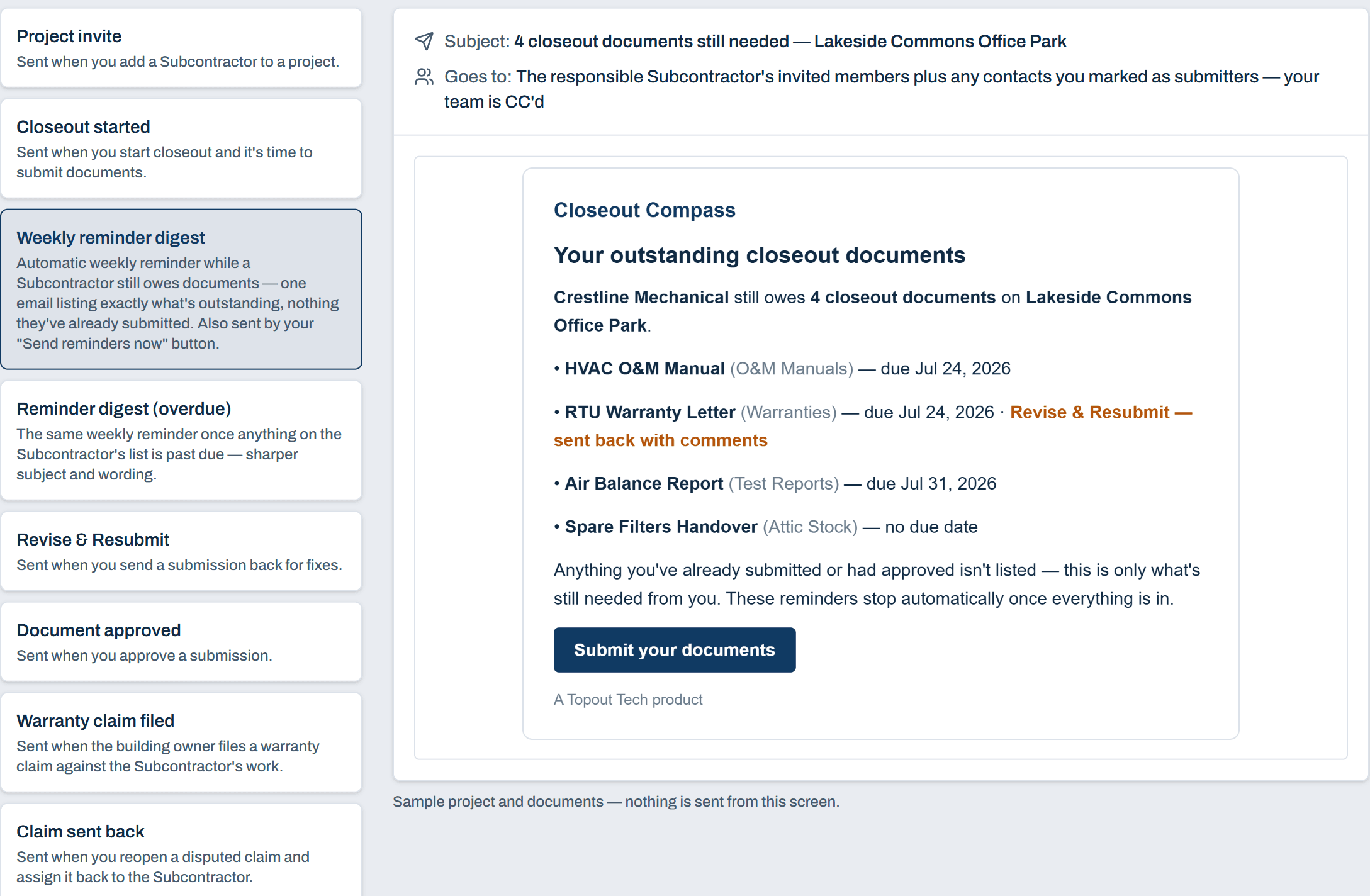 The Closeout Compass email preview screen: eight Subcontractor-facing emails, from project invite to warranty claim, with the weekly reminder digest open showing exactly which documents a Subcontractor still owes.