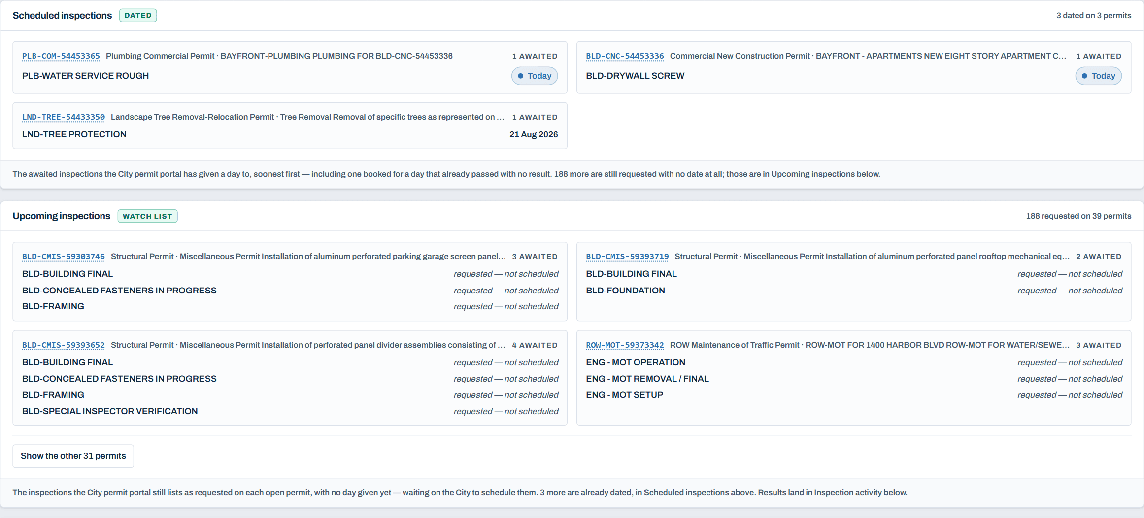 The inspections screen in Topout Permit Tracker: scheduled inspections with their dates above a watch list of inspections still requested with no date given, each grouped under the permit it belongs to