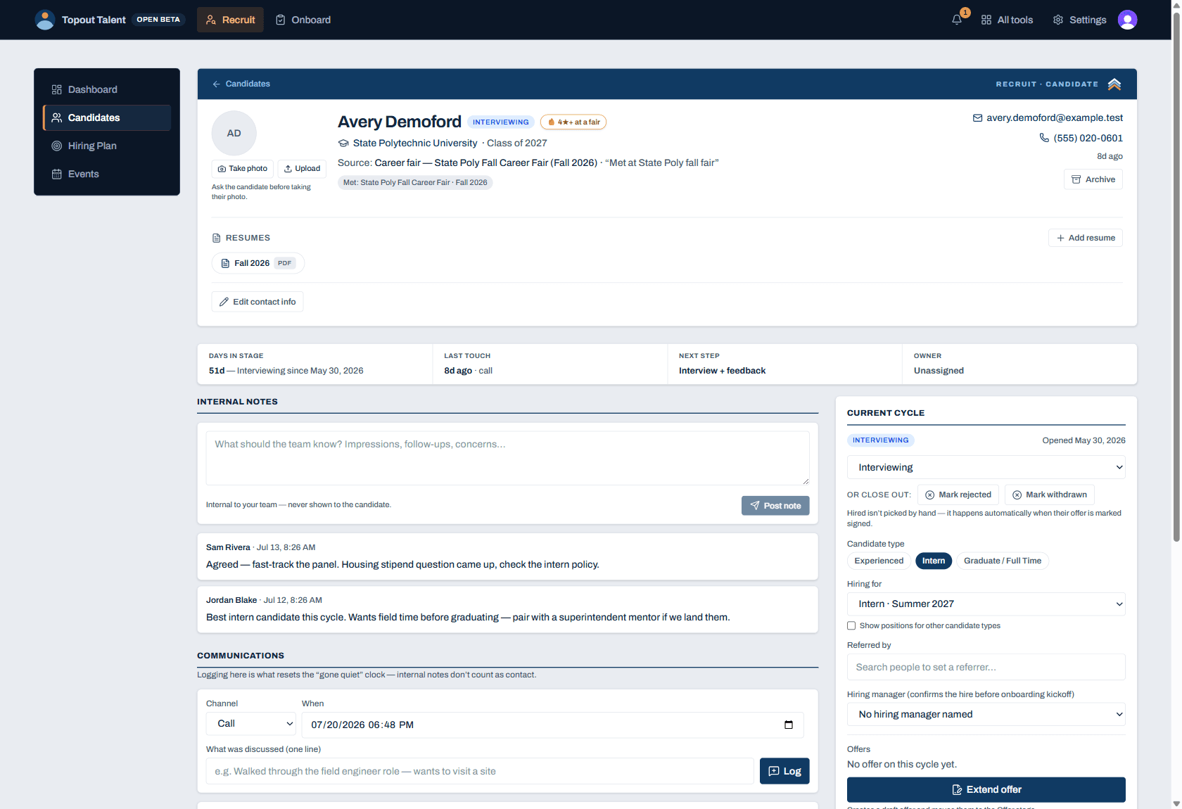 A candidate profile in Topout Talent: contact details, current stage, resume, a glance bar of days-in-stage and last touch, and the running feed of internal notes and communications from the hiring team.