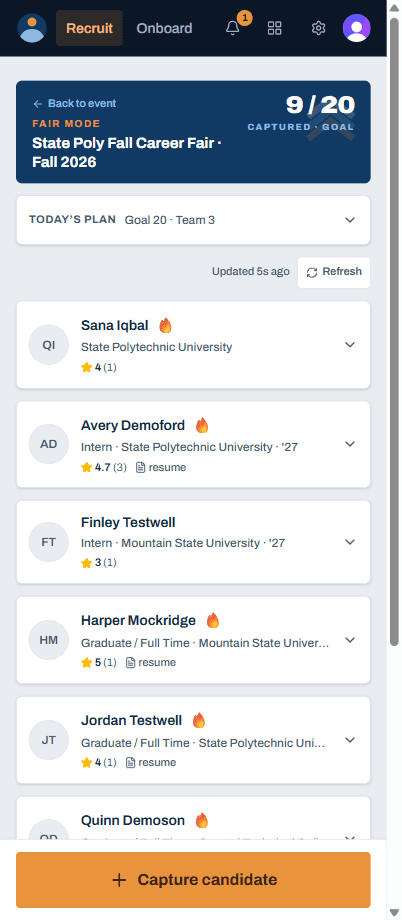 Fair Mode in Topout Talent on a phone: a live career-fair board with a capture goal, each candidate showing their star rating and school, and a one-tap Capture candidate button.