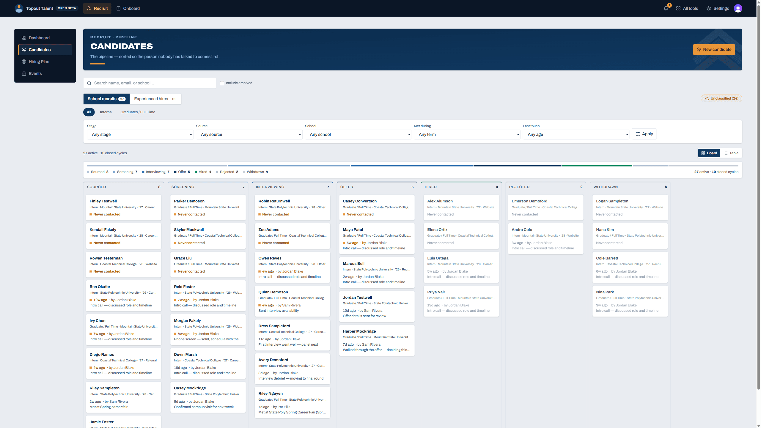 Topout Talent Recruit pipeline — candidates arranged by hiring stage from sourced to hired